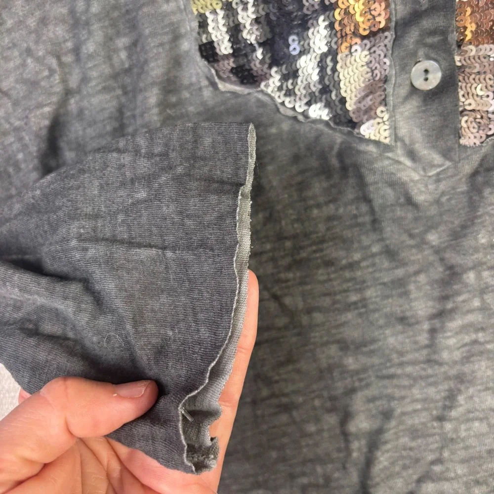 Free People Charcoal Gray Sequin Bib Henley Long Sleeve Burnout Top Large